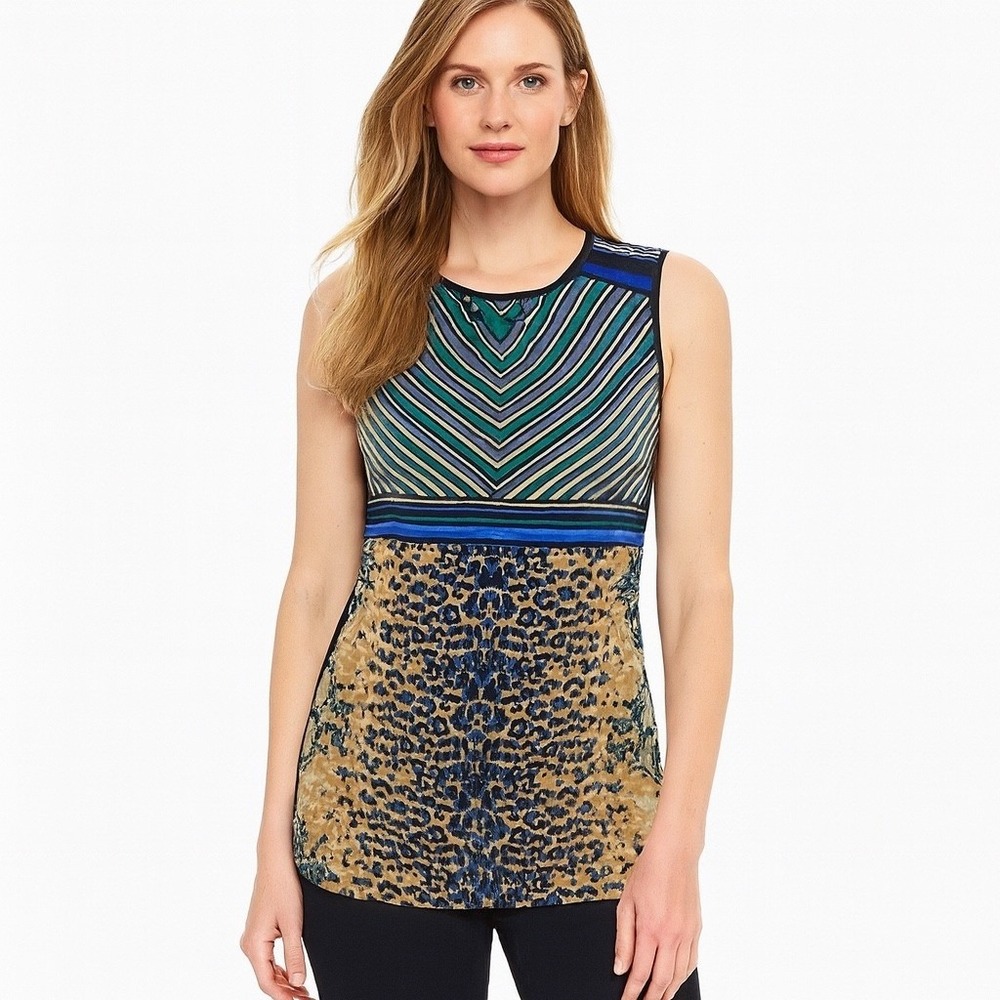 Cabi Shirt Womens Small Brown Black Tank Top Sheer Animal Print Round Neck